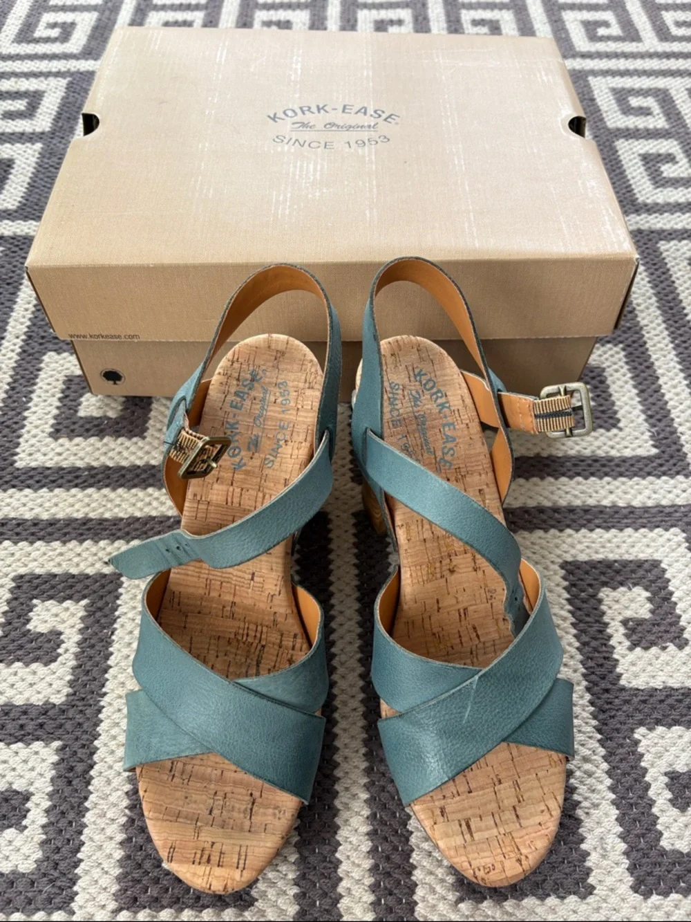 Kork-Ease Drew Teal Leather Cork Cross-Strap Wedge Sandals - Picture 1 of 6